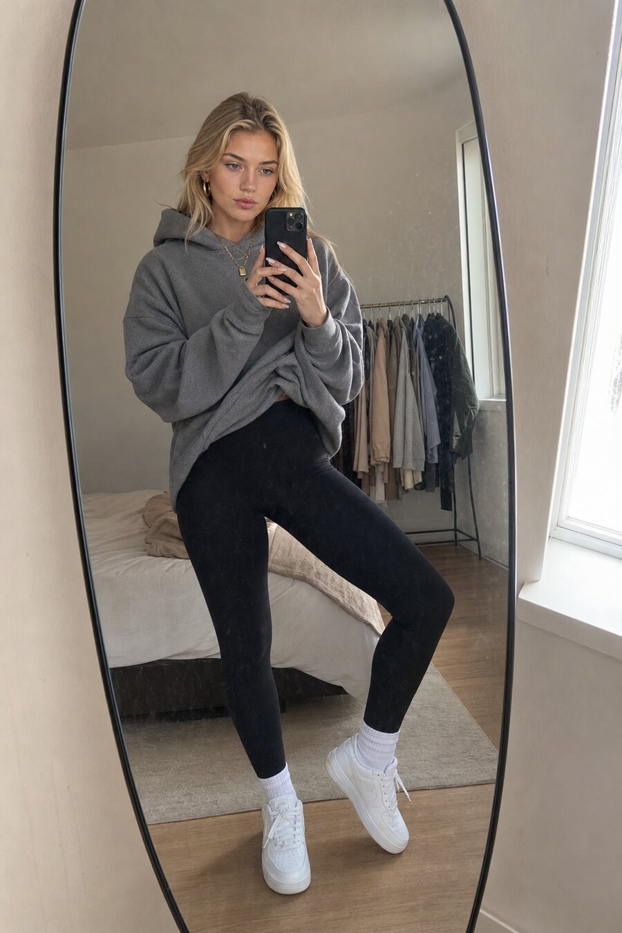 AI-generated mirror selfie produced from the sample prompt